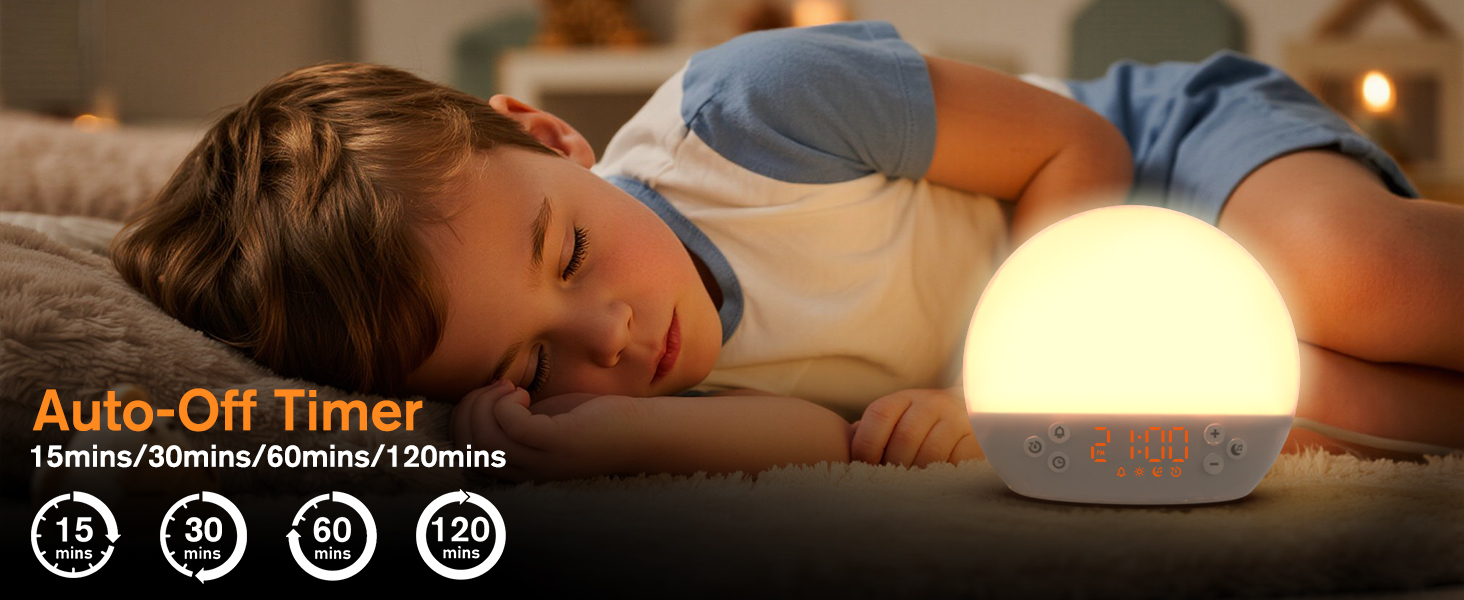 Sleep timer gift for baby kids with white noise sound machine sunset night light digital alarm clock