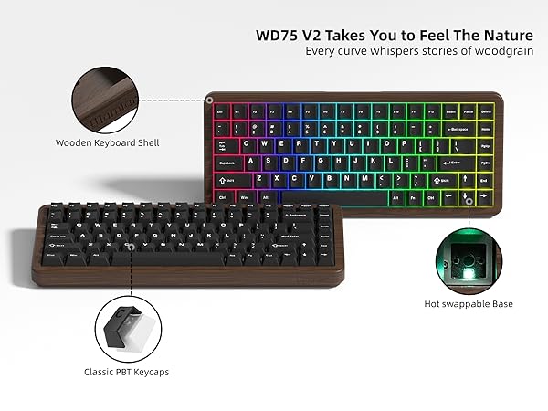 75% Mechanical Keyboard Wireless with QMK/VIA, WD75 V2 Wood Gaming Keyboard