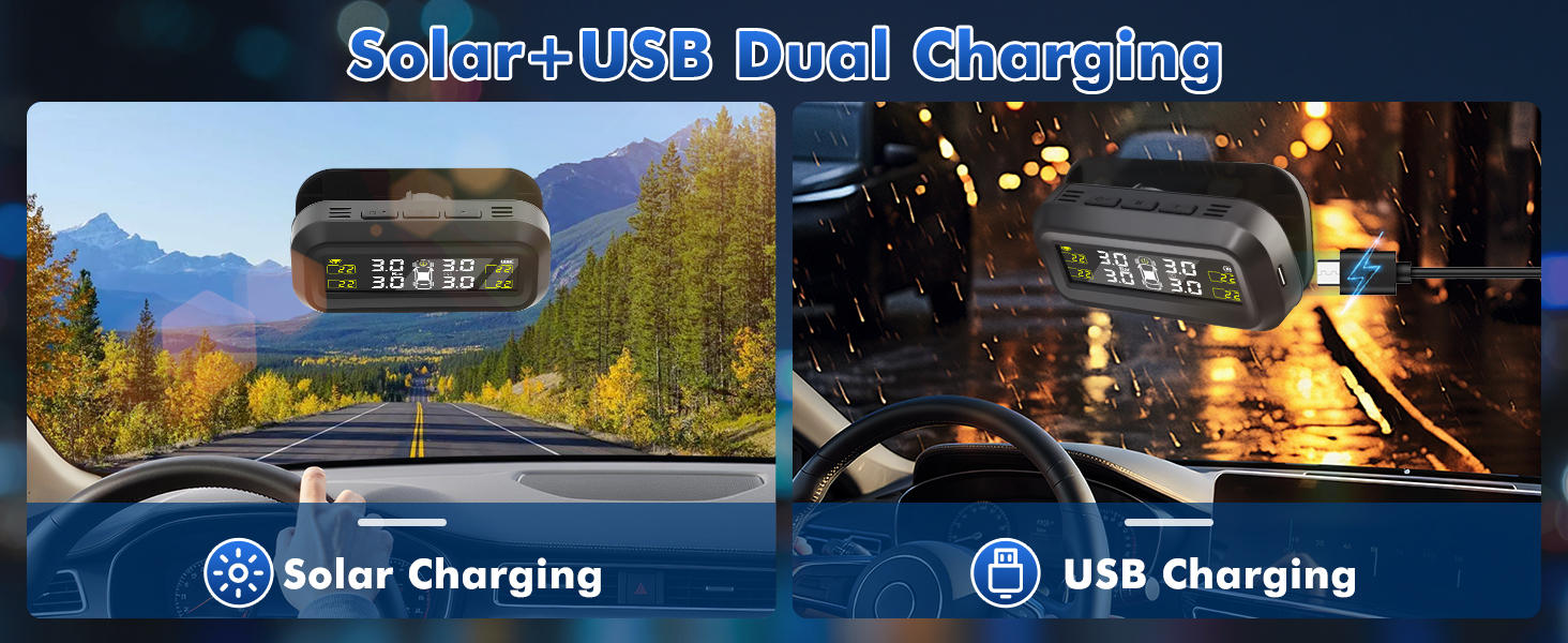 Digital car clock with solar and USB charging capabilities. Left panel shows daytime use with solar charging, right panel displays nighttime USB charging in rainy conditions.