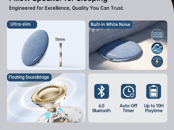 Pillow Speaker for Sleeping, Ultra-Thin Under Pillow White Noise Sound Machine for Side Sleepers