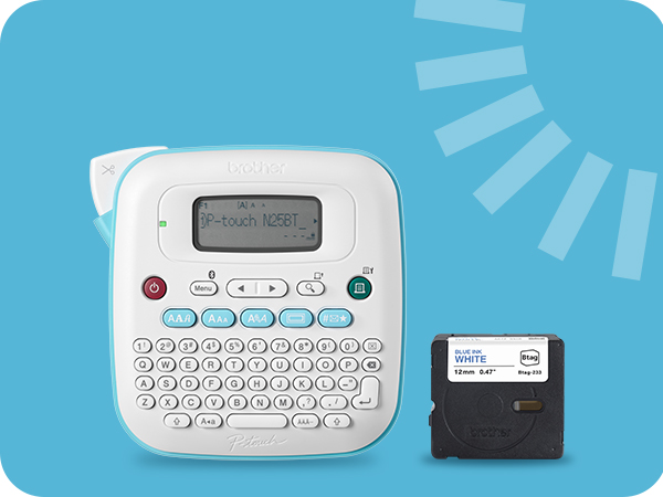 P-touch PT-N25BT desktop label maker with included Btag 12mm wide black on light blue label tape