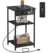 WLIVE Black End Table with Charging Station, Slim Night Stand with 3 Storage Shelves, Small Side ...