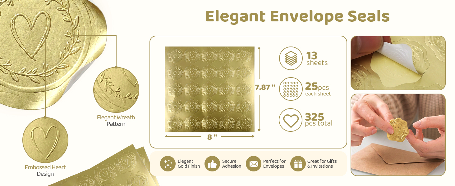 Gold Embossed Heart Envelope Stickers for Wedding Invitation Gifts Bags thank-you cards jewelry