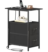 Somdot End Table with Charging Station,Narrow Side Table with 2 Fabric Drawers,Skinny Nightstand ...