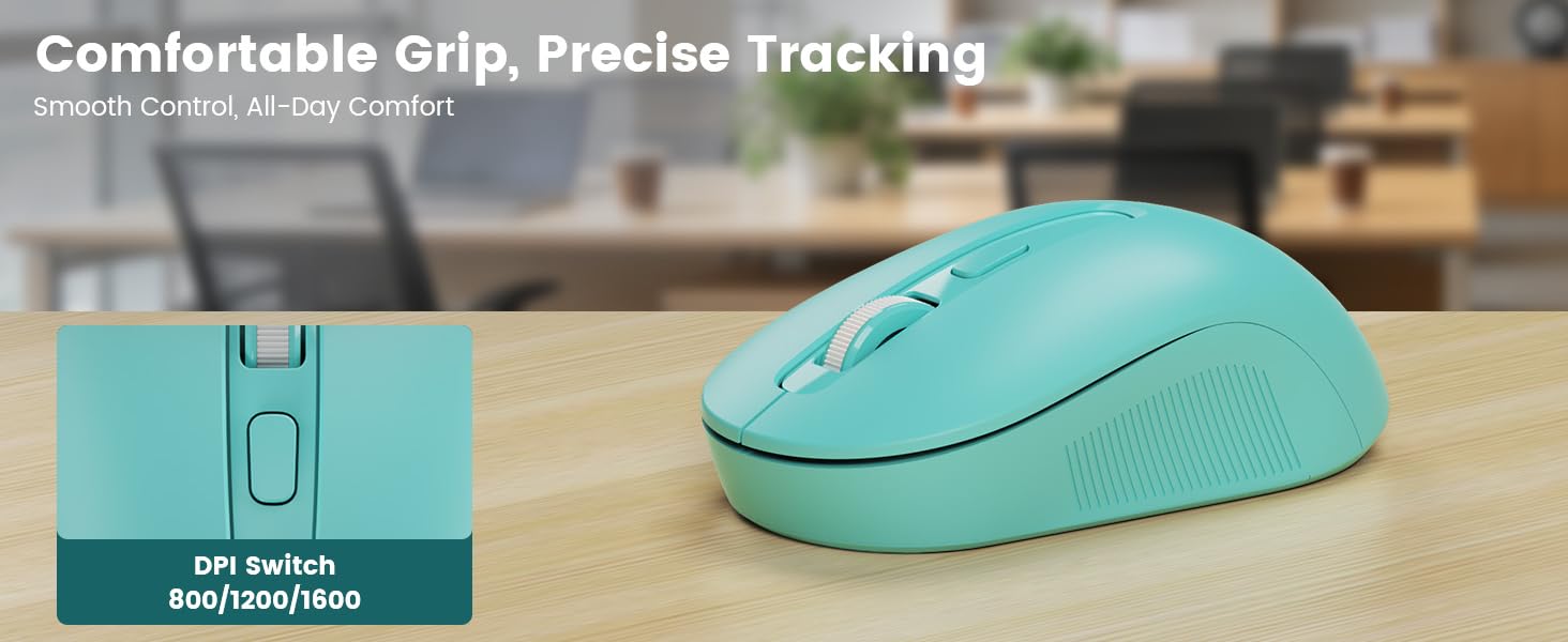 Ergonomic wireless mouse on desk, close-up shows DPI switch for 800/1200/1600 tracking.
