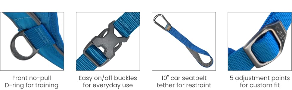 Front no-pull d-ring, easy on/off buckles, car seatbelt tether, 5 adjustment points