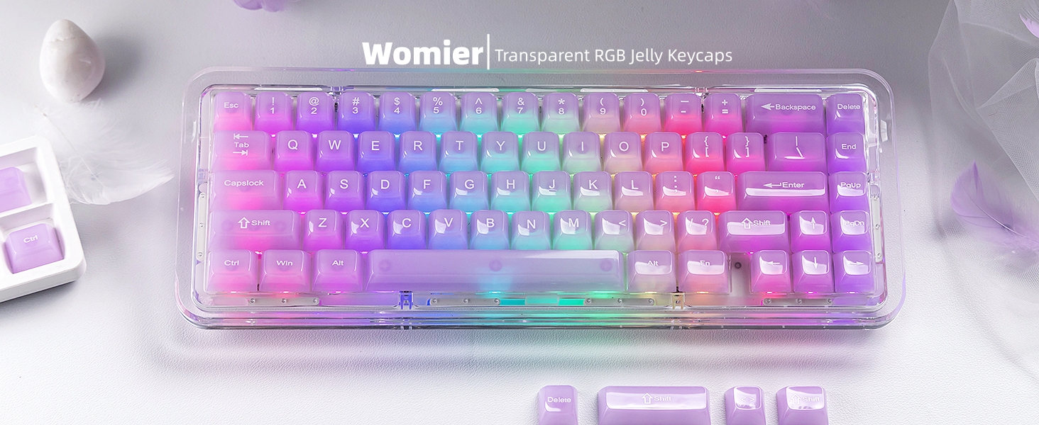 Womier Clear Jelly Keycaps, Ceramic Keycaps Style Cute Transparent Purple Keycaps