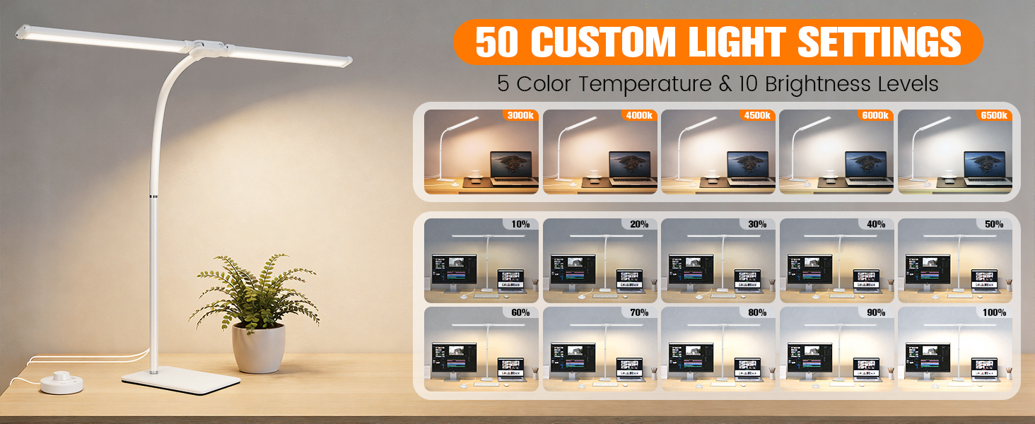 LED Desk Lamp with Base, Double Head Smart Desk Light with Controller Table Lamp for Home Office
