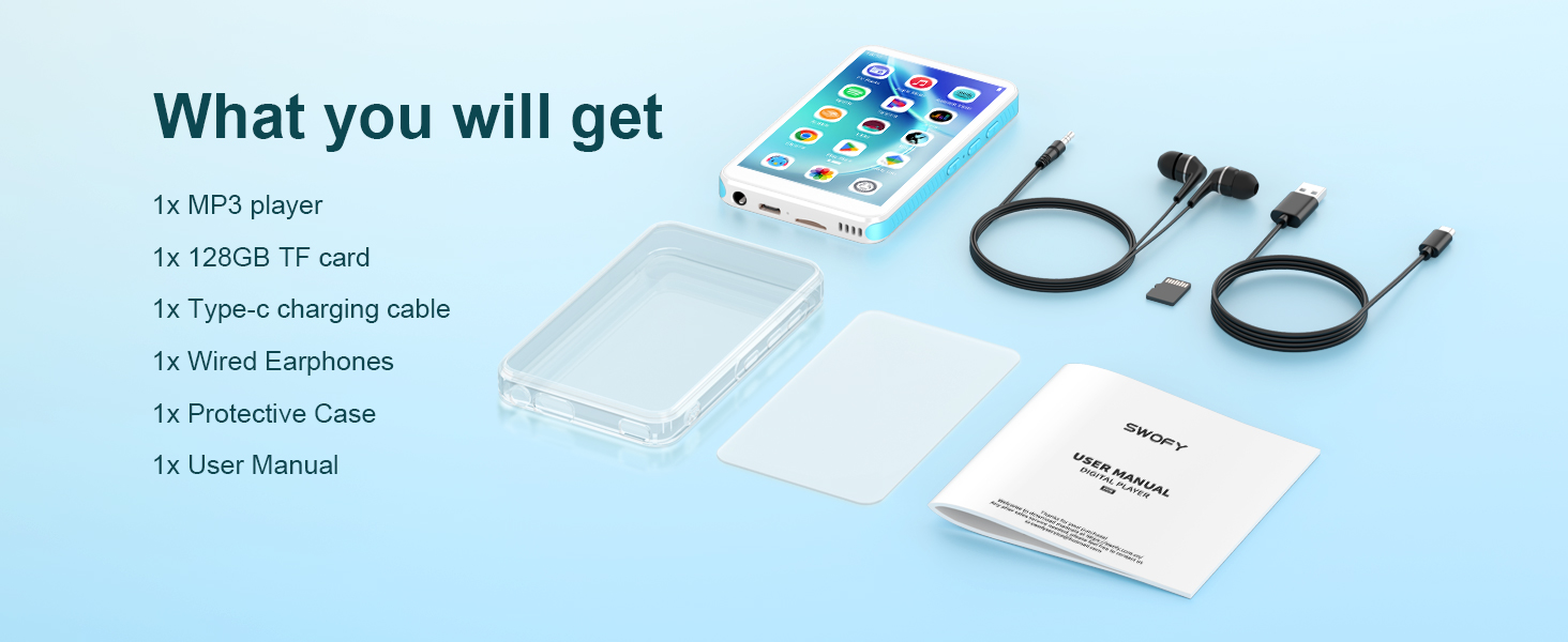 Text reads 'What you will get'. Product package contents display showing multiple components including mounting hardware and instruction manual laid out on blue background.