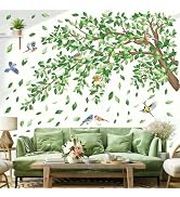 decalmile Large Green Tree Branch Wall Decals Green Leaves Floral Wall Stickers Bedroom Living Ro...