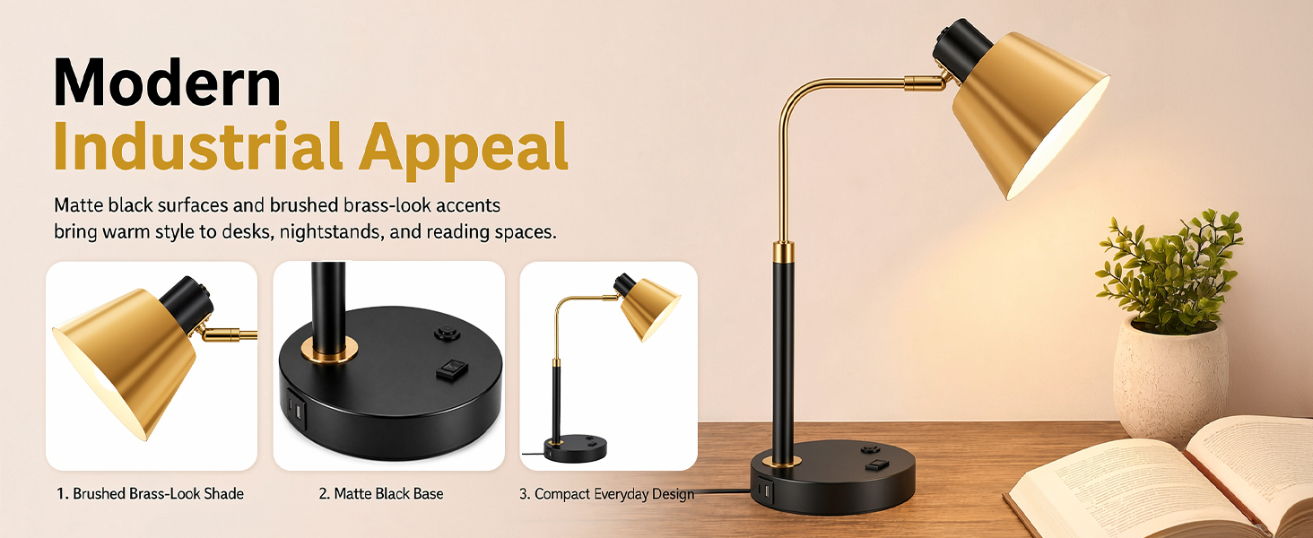 Modern industrial style metal desk lamp in black and brass finish