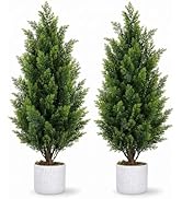 Garvee Artificial Cedar Trees 2 Pcs, 3FT Evergreen Fake Pine Topiary Trees with White Spotted Pot...