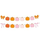 AnyDesign 2Pcs Fall Pumpkin Banner Pink Orange Bow Pumpkin Pre-Strung Garland Autumn Hanging Bann...