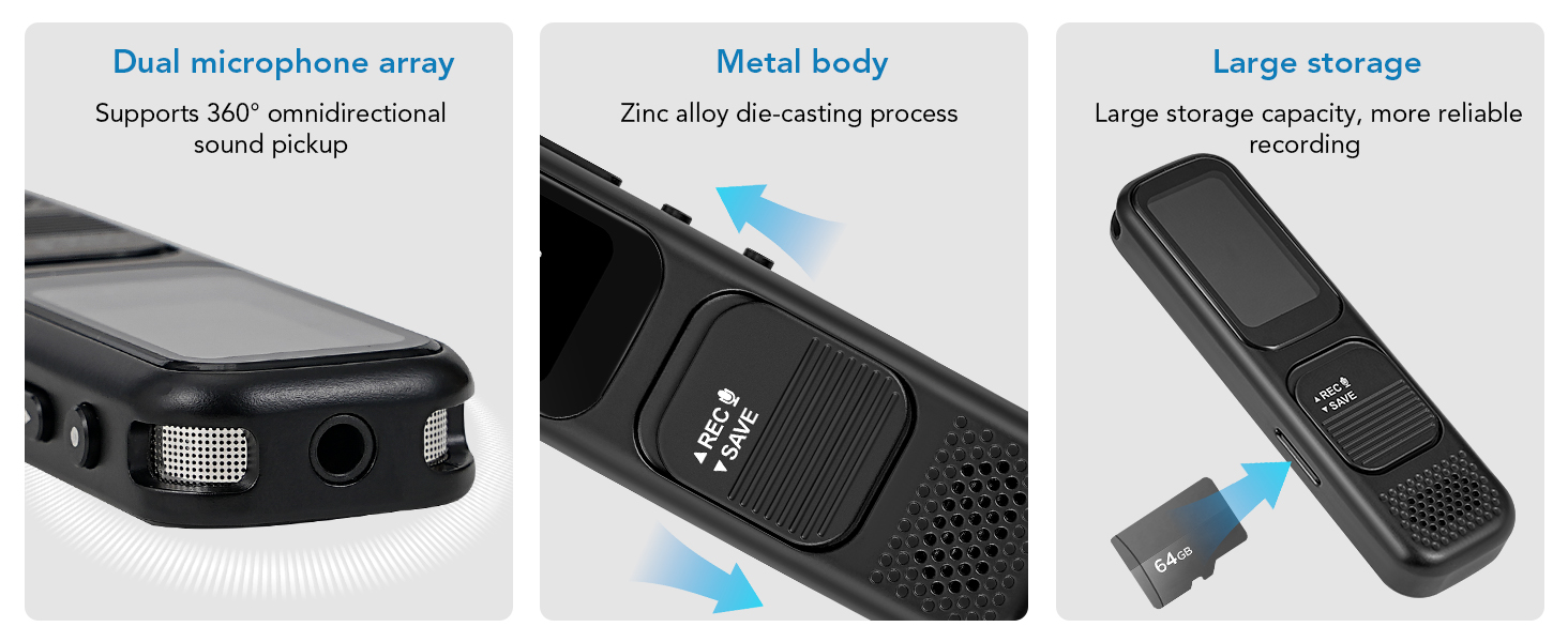 A-B repeat, 3.5mm headphone plug, mp3 player, variable speed playback, password and line-in etc.