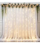Ledido 10×8ft White Tulle Backdrop Curtains with Lights String - 300LED Fairy Lights Sheer Curtai...