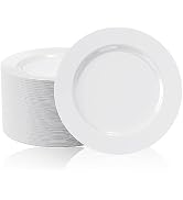 FOCUSLINE 100 Count White Plastic Plates 10 Inch, Disposable Heavy Duty Plastic Dinner Plates- Pr...