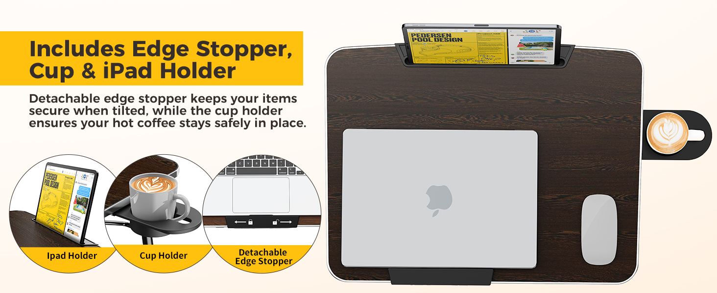Top view of foldable laptop table with tablet slot and cup holder for couch use.