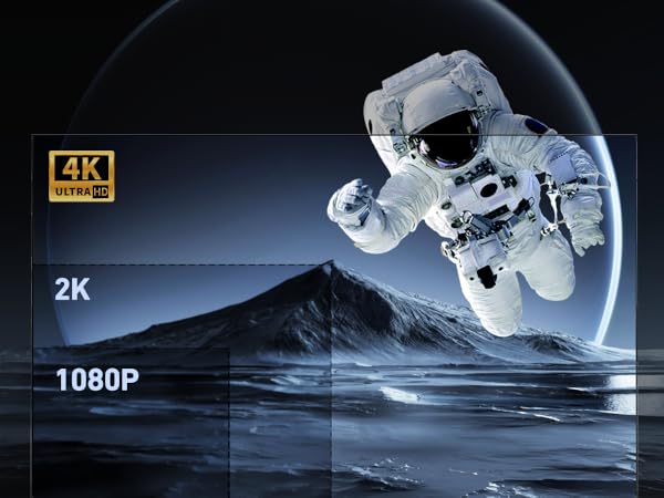 Display showing resolution comparison between 4K, 2K, and 1080p using space imagery of an astronaut and mountain landscape.