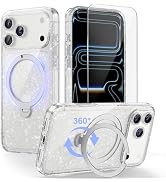 BOXDXB Compatible with iPhone 17 Pro Max Case with 360° Spin Magnetic Stand, Clear Glitter Milita...