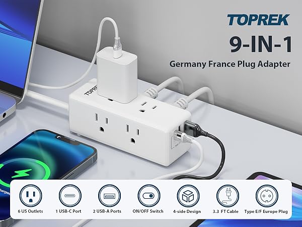 TOPREK 9-in-1 Germany France Plug Adapter
