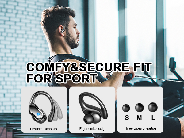 Wireless earbuds product advertisement showing flexible earbuds design with three size options (S,M,L) and highlighting comfy and secure fit for sport.