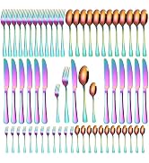 A · HOUSEWARE Rainbow Silverware Set for 12, Colorful Titanium Plated Stainless Steel Cutlery wit...