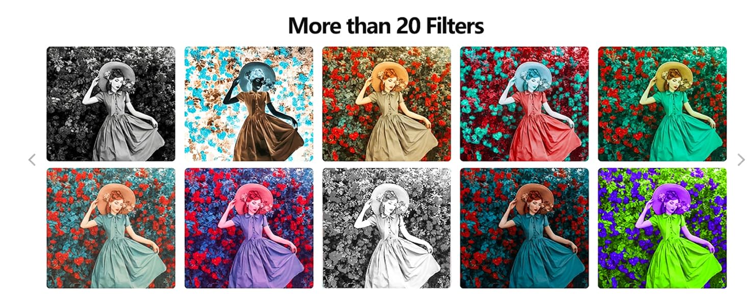 Text reads 'More than 20 Filters'. Grid display showing same illustration in different color variations, demonstrating filter effects from black and white to vibrant colors.
