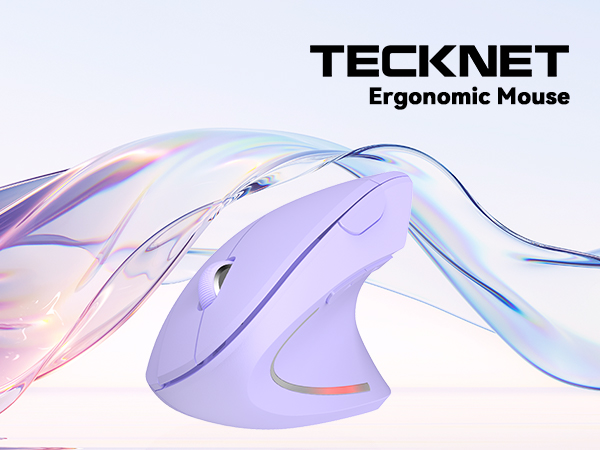 TECKNET ergonomic mouse in light purple color. Vertical design with curved shape for hand comfort. Colorful swirling light effects surround the device, suggesting wireless or optical technology.