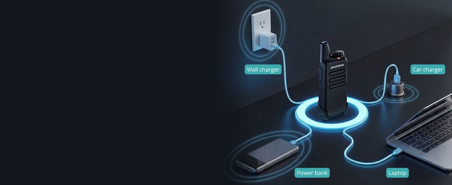 T22 supports charging with wall charger, power bank, car charger, laptop