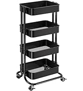 Pipishell 4 Tier Metal Rolling Utility Cart, Heavy-Duty Storage Rolling Cart with 2 Lockable Whee...