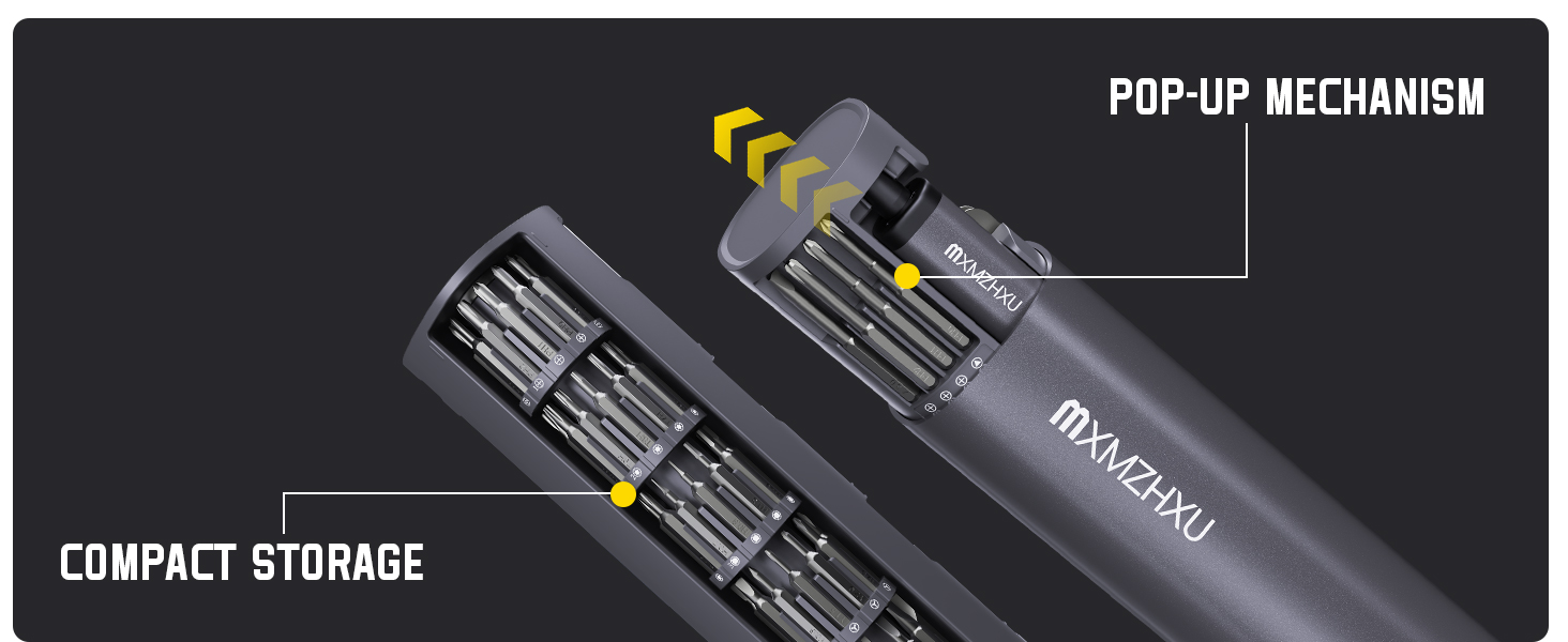 Text reads 'POP-UP MECHANISM' and 'COMPACT STORAGE'. Product shots showing black mechanical components with yellow accent details.