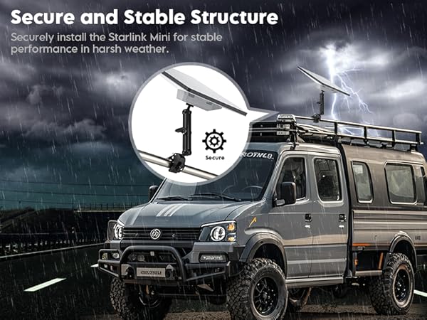 Text reads 'Secure and Stable Structure'. Night-time images of vans or recreational vehicles with mounted lighting systems.
