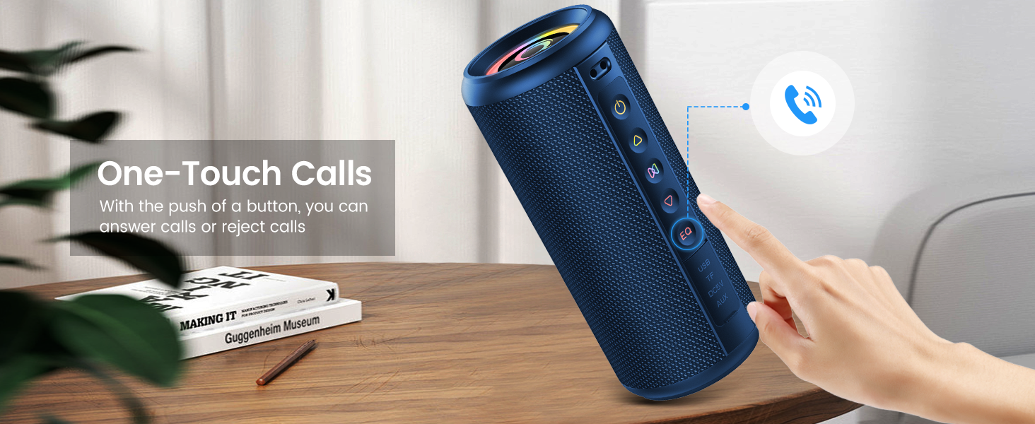 Text reads 'one-touch calls'. Promotional collage showing blue phone-like device being used indoors and outdoors, emphasizing its portability and ease of use.