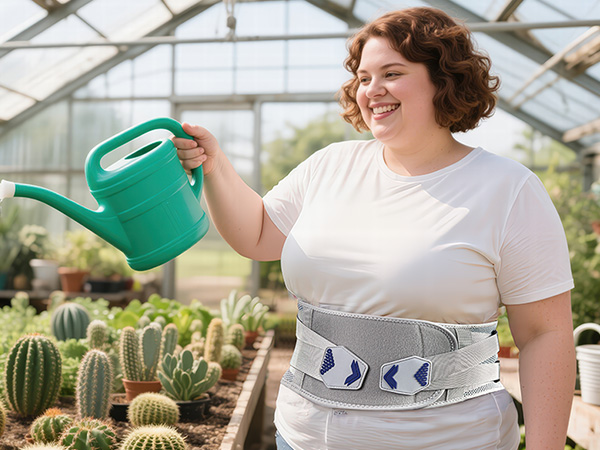 Adjustable back support belt with blue arrow designs worn by a person watering cacti in a greenhouse. Belt provides lumbar stabilization during gardening activities.