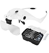 Beileshi LED Head Magnifer, Head-Mounted Magnifying Glass with 2 LED, 5 Lenses USB Charging Headb...