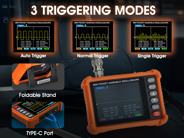 Text reads '3 TRIGGERING MODES'. Digital display showing three different oscilloscope trigger patterns labeled 'Auto Trigger', 'Normal Trigger', and 'Single Trigger'. Device shows 'Type-C Port'.