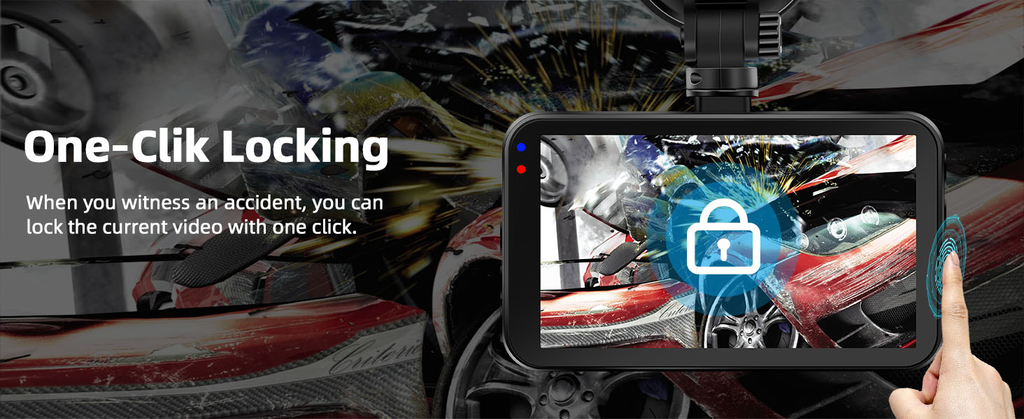 Dashboard camera interface on a tablet, featuring a 'One-Click Locking' function. Shows a car crash scene with an overlay of a lock icon.