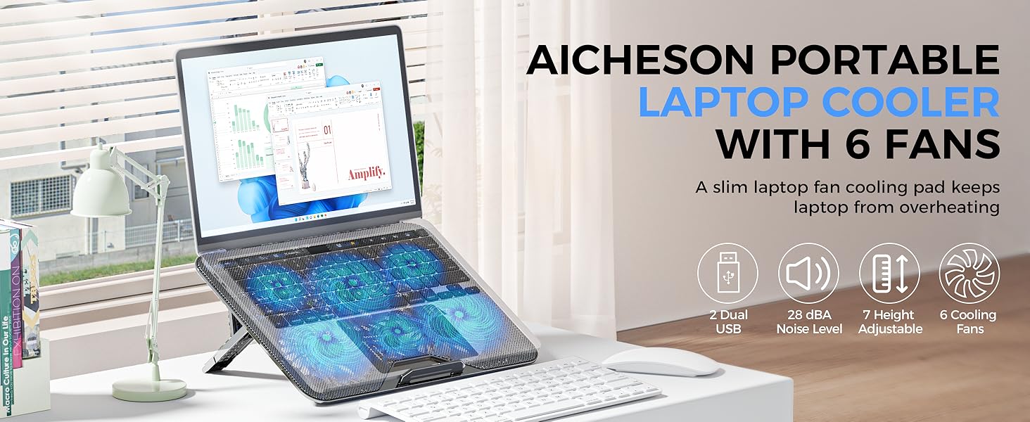 aicheson laptop cooling pad blue black 6 fans stand