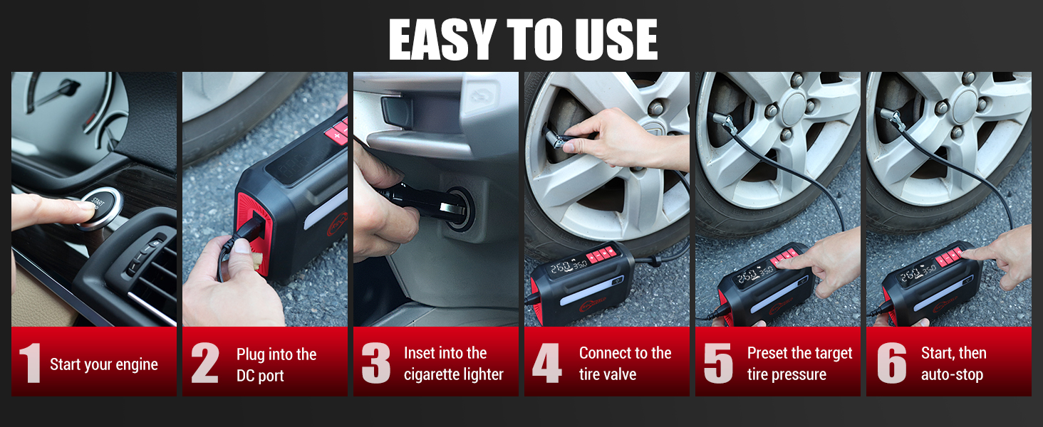 This mini air compressor is easy to use in just three steps