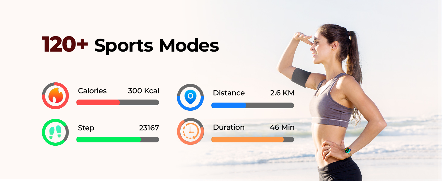 Fitness tracker watch with 120+ sport modes, recording steps, calories, and workouts
