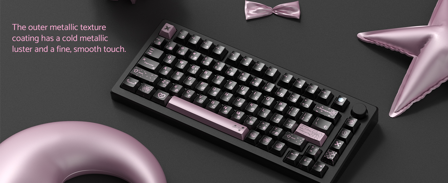 PBT Keycaps with Metal Paint,112-Key Black/Pink Custom Keycap Set dye Sublimation