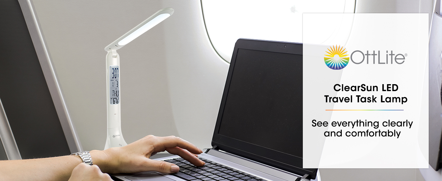 ClearSun LED Travel Task Lamp Rechargeable Lithium Ion Battery USB Digital Clock Brightness Levels