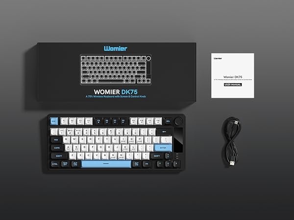 Displayed alongside its black packaging box, user manual, and white USB-C charging cable