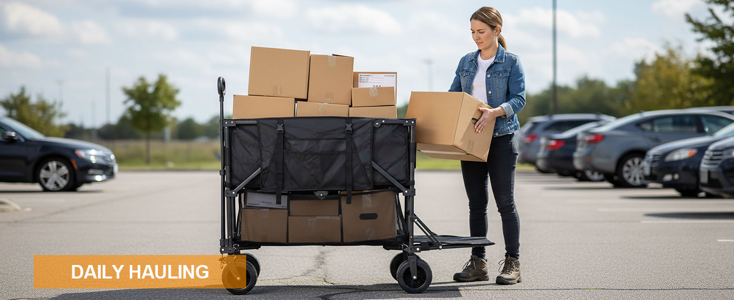 Folding grocery cart for heavy packages and supermarket shopping fits easily in car trunks