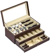 AUTOARK 3 Layer Leather 8 Watch and 3 Eyeglasses Sunglass Box with Jewelry Display Drawer Lockabl...