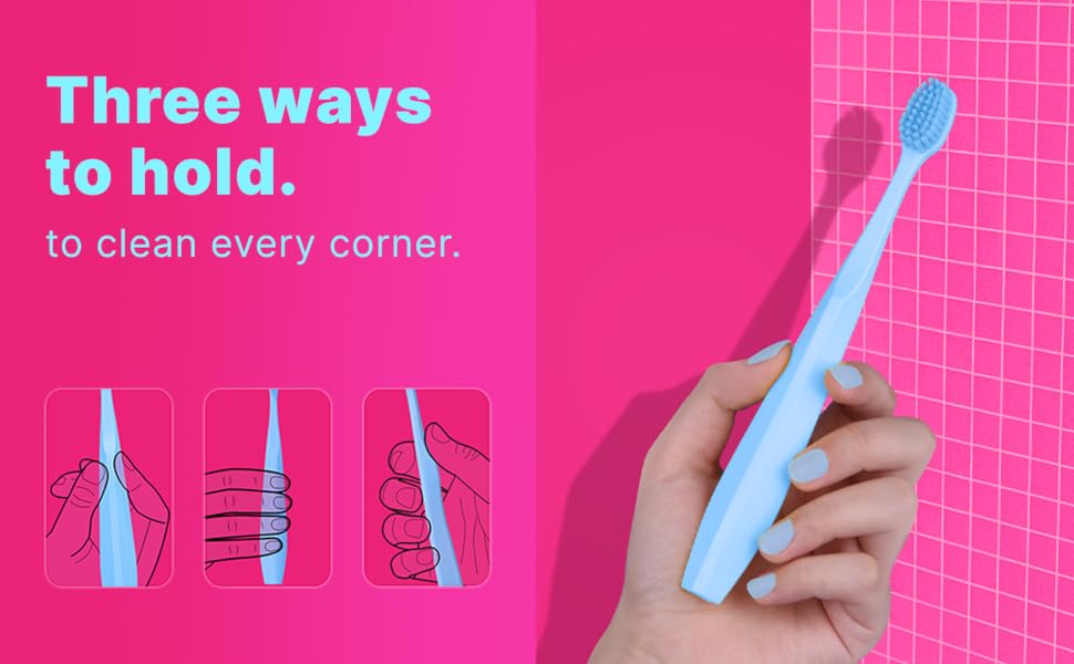 Tonochi ergonomic toothbrush handle with three grip positions for comfortable brushing control.