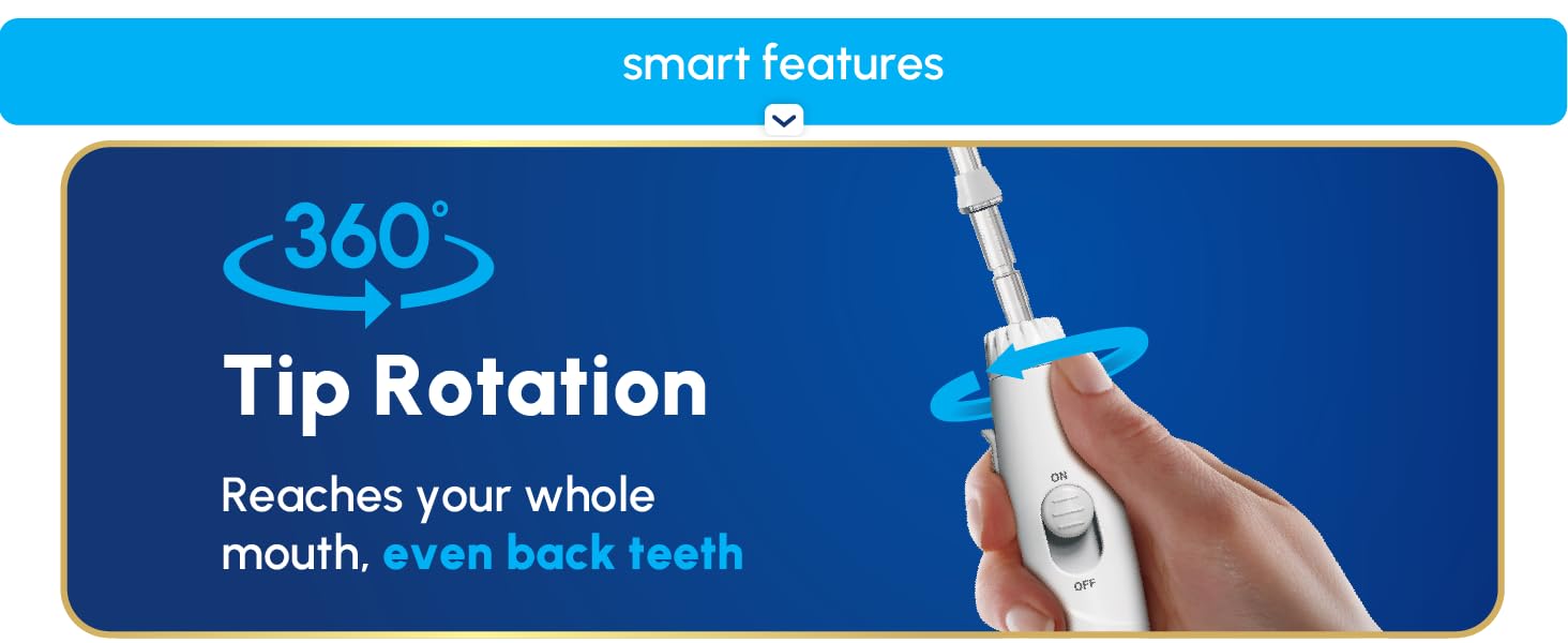Image of Waterpik tooth flosser tip with text reading three hundred sixty tip rotation.