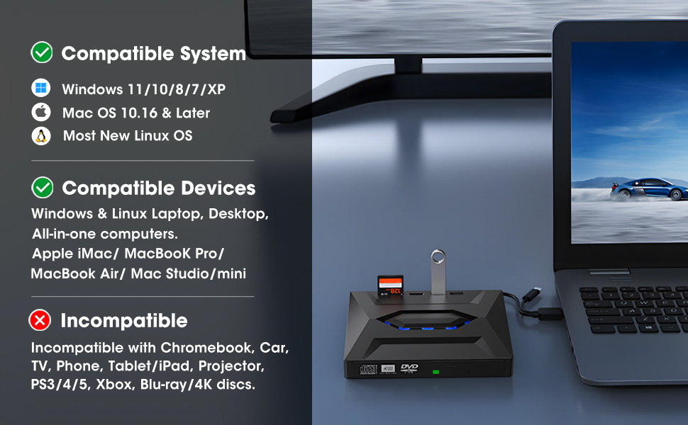 ROOFULL external CD/DVD drive for laptop compatibility and incompatibility