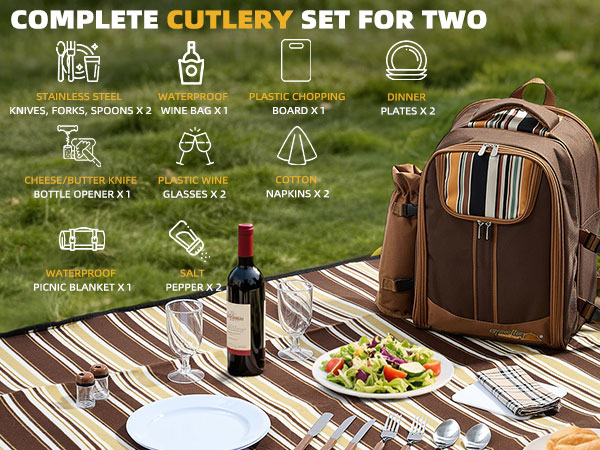 Picnic Backpack Bag Cooler Compartment Detachable Bottle Wine Holder Fleece Blanket Plates Cutlery