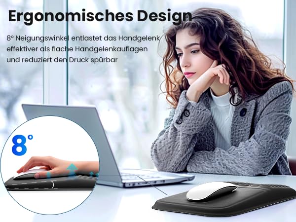 Text reads 'Ergonomisches Design'. Product images showing ergonomic mouse pad or wrist rest with curved design and angle indicators.